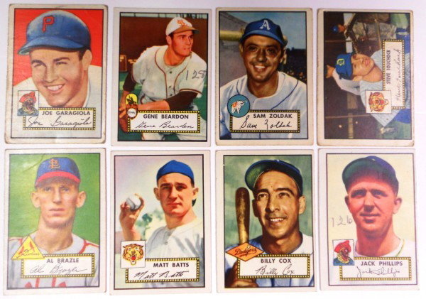 Lot of 8 Different 1952 Topps Baseball cards: These 1952 tops cards are from what is considered the most innovative set of baseball cards of its day. The backs are numbered and have the player's vitals. You are bidding on all eight cards as a sin