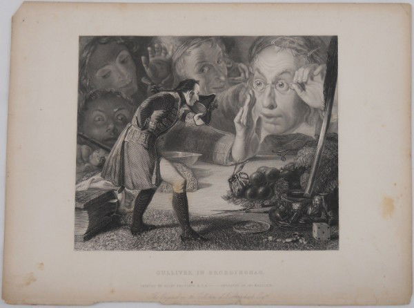 "Gulliver in Brobdingnag" Redgrave, R. A., Painter: "Gulliver in Brobdingnag" (From Johnathan Swift's GULLIVER'S TRAVELS) Antique Art Print Richard Redgrave, R. A., Painter. J. Mollison, Engraver. This is 14" x 10 1/2". There are corner tears some foxi