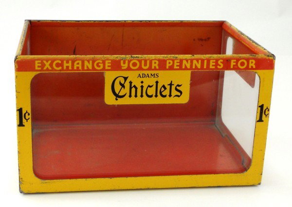 Vintage Adams Chiclets Penny Exchange Gum Display: This auction is for a hard to find Adams Chiclets Penny Exchange counter display bin. It is 6 1/2" X 4 1/2" and is almost 4" tall. This piece would be displayed at an old store counter near the check-