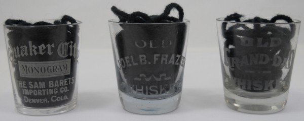 Lot of 3 Vintage Shot Glasses: Lot of 3 vintage shot glasses - Quaker City Monogram, Denver CO, Old Grand Dad Whiskey, and Old Joel B. Frazier Whiskey. These are all in great condition no chips or flea bites. These are each 2 1/4" 