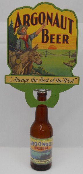 Argonaut Beer Bottle with Bottle Topper: This is an Argonaut bottle top advertising sign and bottle. Milwaukee Brewery, San Francisco from the 1930's. The label is attached with protective cellophane, not glued. There are great graphics on t