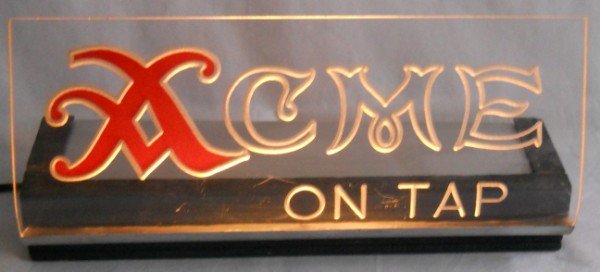 Acme Beer "Curve" Light -- 1950's: Acme Beer "Curve" light from Lakeside Plastics. This light up curved plastic sign has a wooden base and is lit by a mini fluorescent bulb. There are some minor chips in the wood on the base but overal