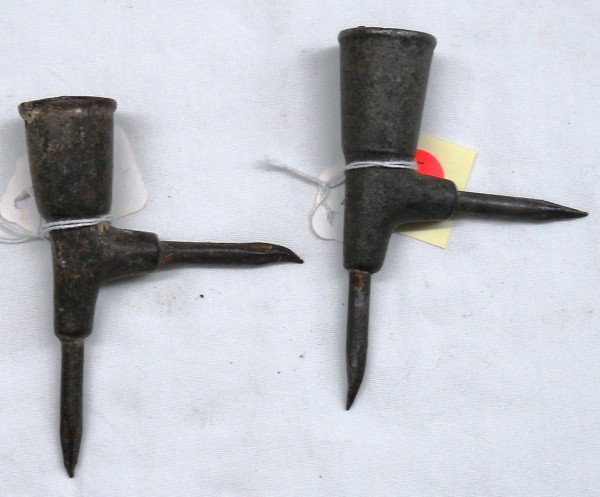 Candlestick Group #2 - Lot of Two: This is a lot of two similar miner's candle sticks. One is a two-spike candlestick. It has a very thick thimble. It measures 5". [T-5]. The other is also a two-spike candlestick. It has a very thick t