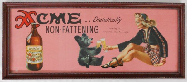 1940s Framed Acme Beer Sign - Pin up art: This is a artist signed framed sign for Acme Beer. It looks to be a bus sign which is a little larger then a trolley sign. We have not taken this out of the frame and inspected this through the glass.