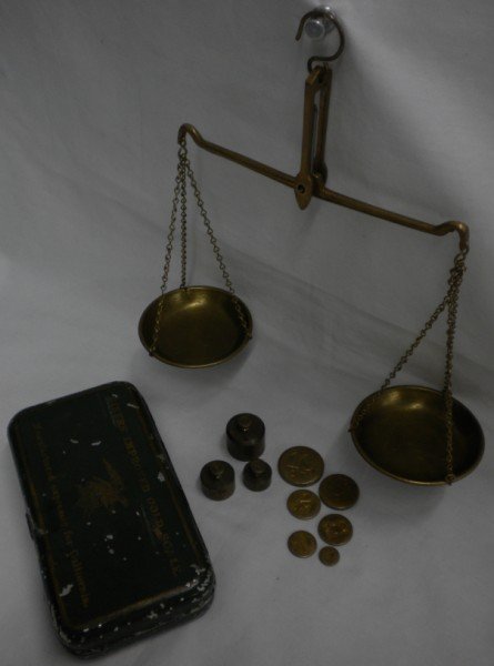 Miners Improved Gold Scale: Green tin box w/ "Miners' Improved Gold Scale / manufactured expressly for California" and an eagle and shield design in gilt on lid cover. Nine weights are present, ranging from 2 oz to 1/2 dwt. Box 