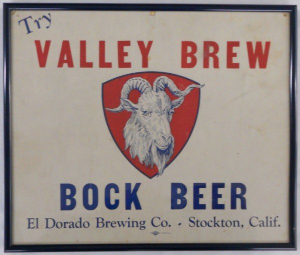 Valley Brew Bock Beer Sign: This is a framed cardboard sign for Valley Brew Bock Beer. It is from the El Dorado Brewing Company of Stockton, California. Great red, white and blue color scheme. It looks to be 1940's but is not da