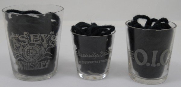 Vintage Shot Glasses Lot of 3: Lot of 3 vintage shot glasses - Casey's Whiskey which is 2 1/2" tall has some flea bites, Try O.I.C. Rye is 2 1/8" tall and has a chip, and Security Distilling Co. - Chicago is 2" tall and is in great