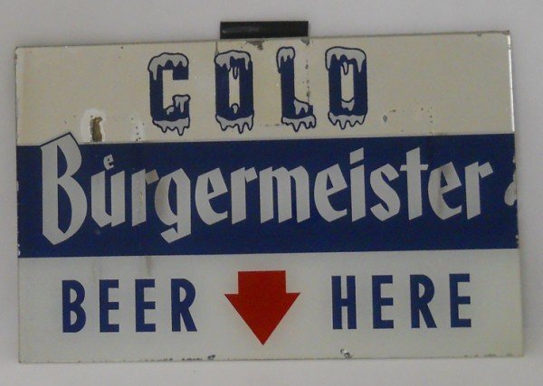Burgermeister Beer Mirrored Glass Sign: This is a 1950's reverse on glass mirrored sign for Burgermeister Beer, San Francisco Brewing Co., San Francisco, CA. There are no chips or cracks on the glass but there are some paint chips and "flaw