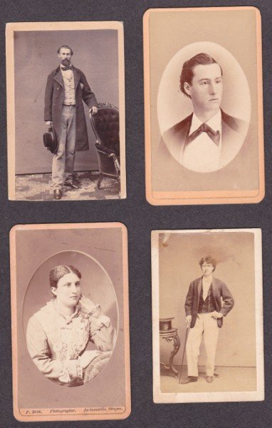 Photographs - Western CDVs: Lot of four CDV photographs taken by Western photographers, including Peter Britt of Jacksonville, OR; Spooner of Stockton, CA; and G.D. Morse and Selleck, both from San Francisco. Selleck's back stam