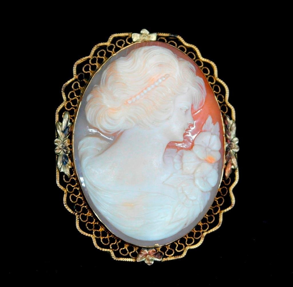 Vintage High Relief Carved Shell Cameo Pendant Brooch: Offered is a Victorian Era gold mount shell cameo brooch. It has great detail with a nice pink color to the top half of the shell behind the womans head. On the back this has both a pin and a movable 
