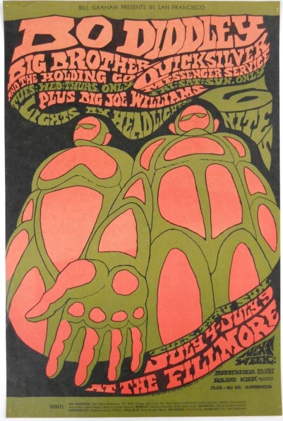 1967 Bo Diddley Concert Poster - San Francisco: An amazing find for the 60's music collector! This poster is from a six day concert event held at The Fillmore Auditorium by Bill Graham Presents. The event was Tuesday through Sunday, July 4-9, 1967.
