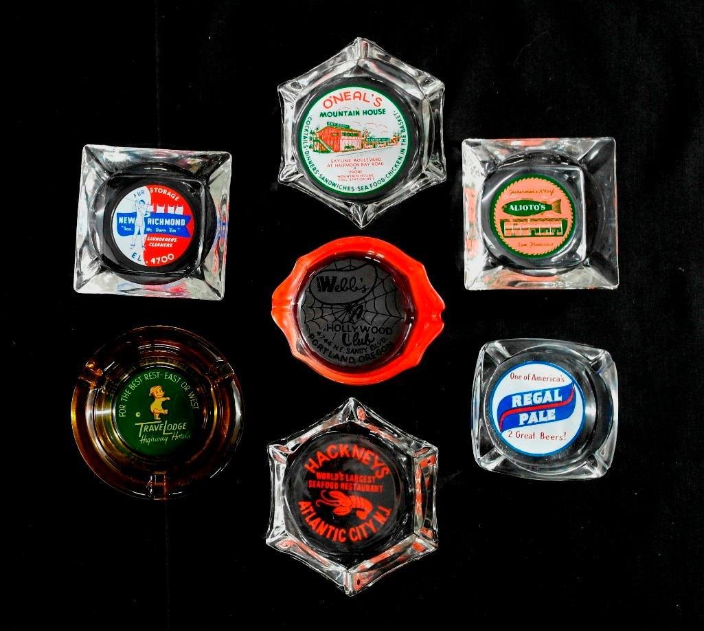 Lot of 7 Vintage ACL Ashtrays - San Francisco, Atlantic: This lot of 7 vintage ACL ashtrays come from a variety of different businesses. The larger ashtrays measure approx. 4" across while the smaller ones measure approx. 3 1/4" across. The ashtrays are all