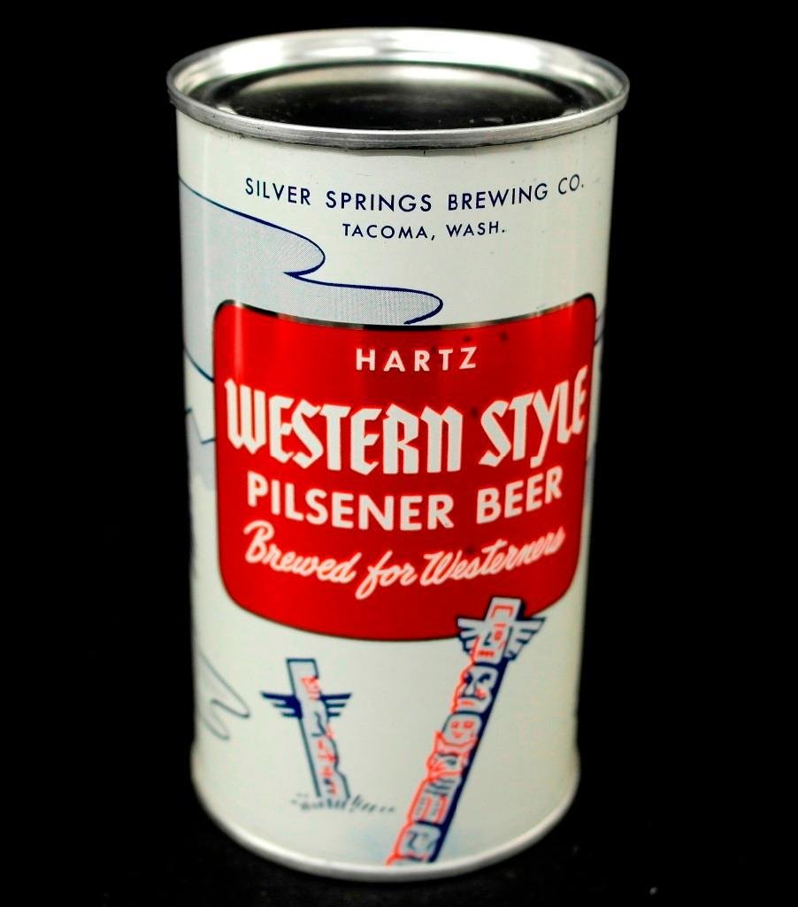 Hartz Western Style Flat Top Beer Can Tacoma,: This is a 12 ounce flat top beer can of Hartz Western Style Pilsener Beer from Silver Springs Brewing Company of Tacoma, Washington. This is a super clean indoor can with great color and shine. Other 