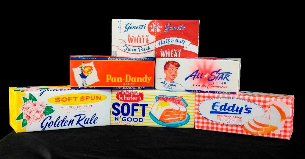 Lot of 6 Vintage Bread Loaf Displays: This vintage lot of bread loaf displays are in the original wax paper wrappers with a block of soft foam inside. Size is approximately 10 1/2" x 4 1/2" x 4 1/2". Very seldom seen. All six for one mone