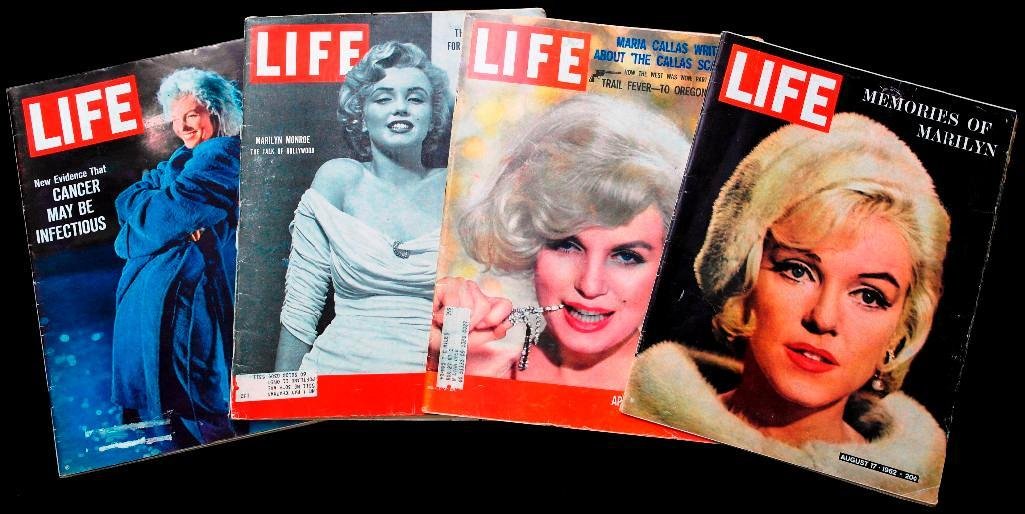 Lot of 4 Original Marilyn Monroe Life Magazines - 1952,: These four Marilyn Monroe Life magazines range from 1952 - 1962. The first issue is April 7, 1952 - titled Marilyn Monroe "The Talk Of Hollywood. In the feature article there is a small photo of her f
