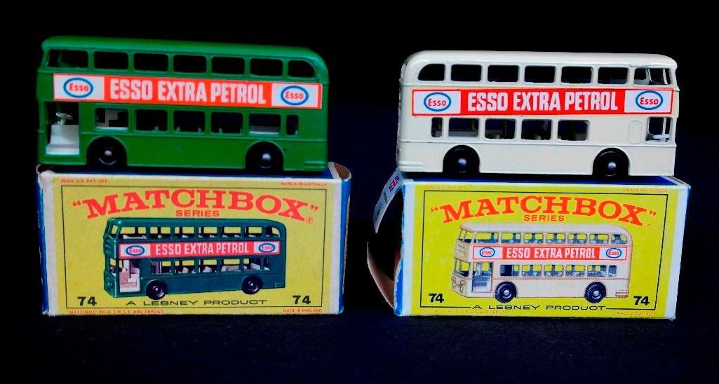 Matchbox #74 ESSO Daimler Bus with Box 2 Different: This auction is for a pair of circa 1960 Lesney Product Matchbox Series No. 74 Daimler Buses with Original Boxes. Each box reads "Matchbox Series 47 - A Lesney Product Matchbox 74 Daimler Bus ". The b