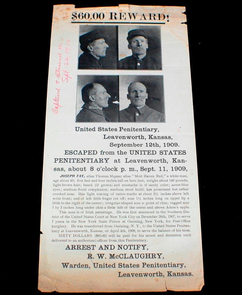 Vintage 1909 Wanted Poster - Joseph Fay - United States: This vintage 1909 wanted poster pertains to the capture of Joseph Fay, a prisoner who escaped from the United States Penitentiary, Leavenworthon the evening of September 11, 1909. In 1907, was sentenc