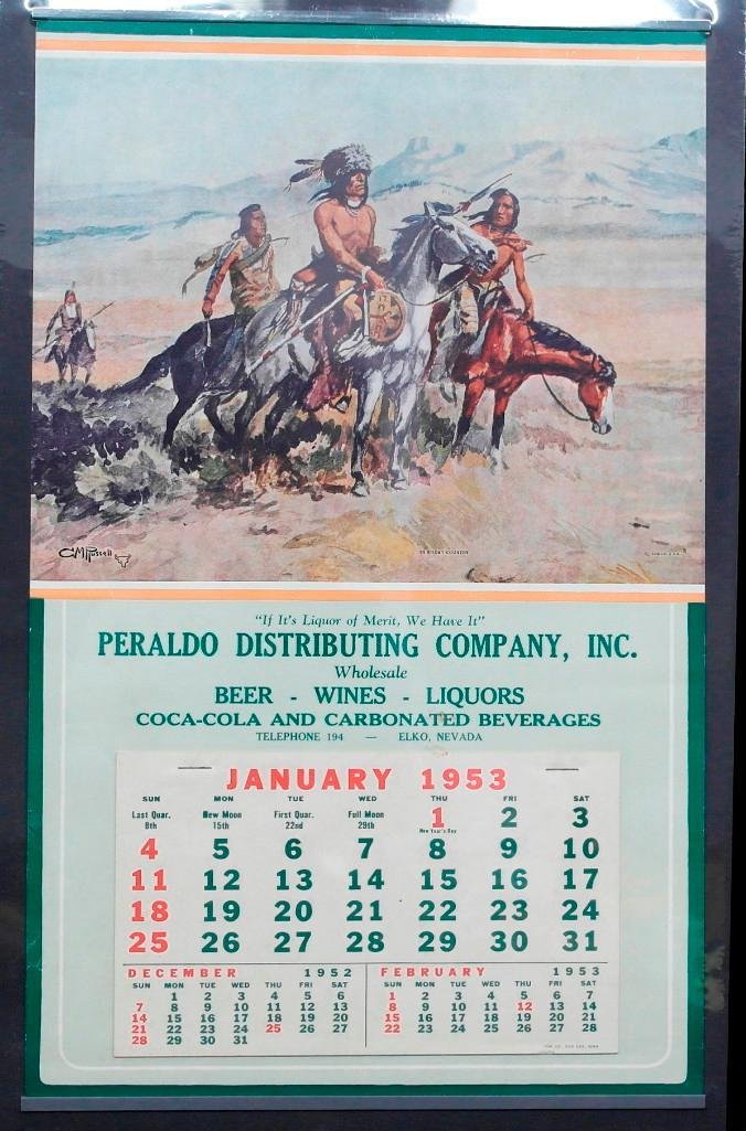 1953 Nevada Coca Cola Calendar: Offer is a 1953 calendar from Peraldo Distributing Company Inc. of Elko, Nevada. They were wholesale dealers of Beer Wine Liquors Coca-Cola and Carbonated Beverages. The calendar features the artwork 
