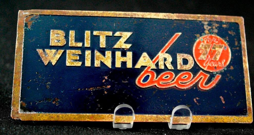 1933 Blitz Weinhard Beer Brass Tap Marker: This is a small brass tap marker for Blitz Weinhard Beer from Portland, Oregon. These slid into holder above beer taps in bars so the bartender knew which beer he was serving. The painted side has rai
