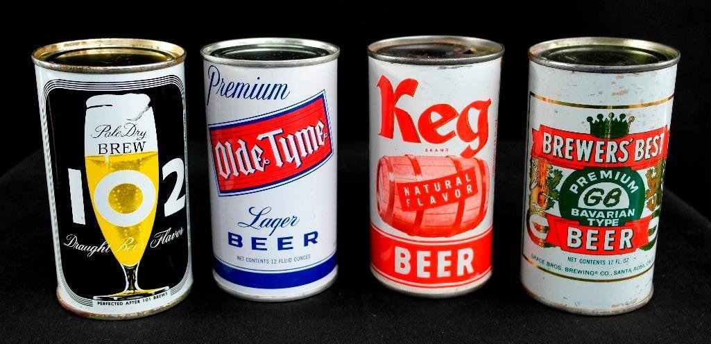 California Assortment of 4 different Flat Top Beer Cans: This lot features four California 12 ounce Flat Top Beer Cans. They are a Brewers Best Bavarian Type Beer from Grace Bros. Brewing Company of Santa Rosa. Next are three different cans all from Maier B
