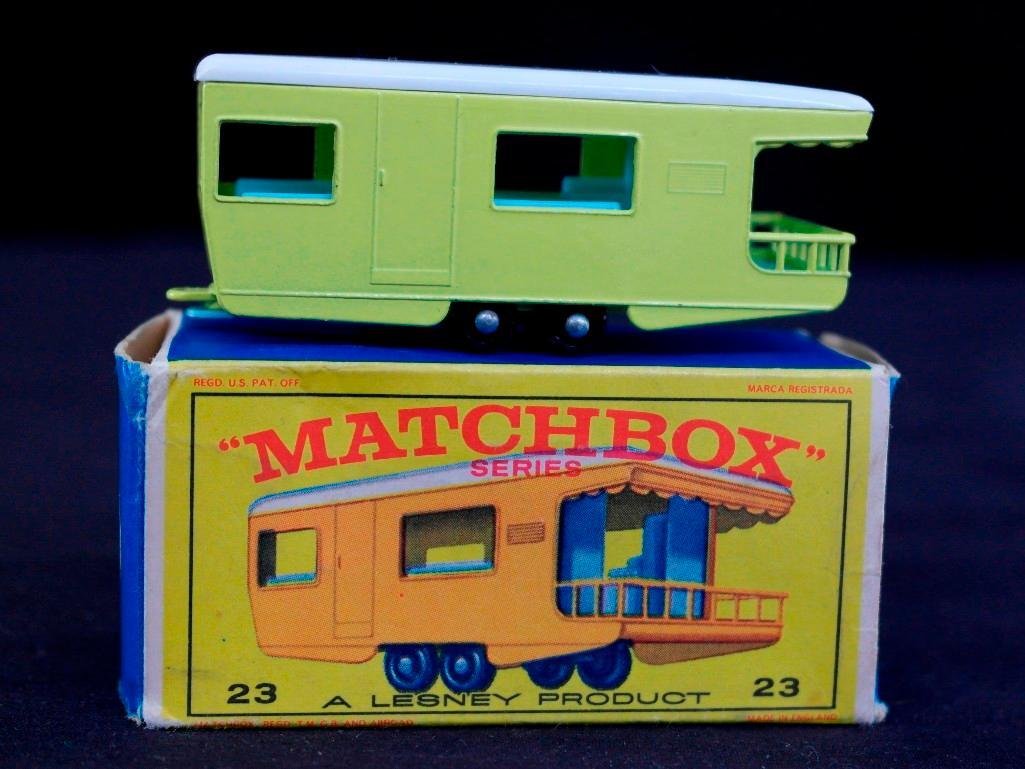 Matchbox #23 Trailer Caravan with Box: This auction is for a circa 1960 Lesney Product Matchbox Series No. 23 Trailer Caravan with Original Box. The box reads "Matchbox Series 23 - A Lesney Product -- 23 - Trailer Caravan ". The bottom of