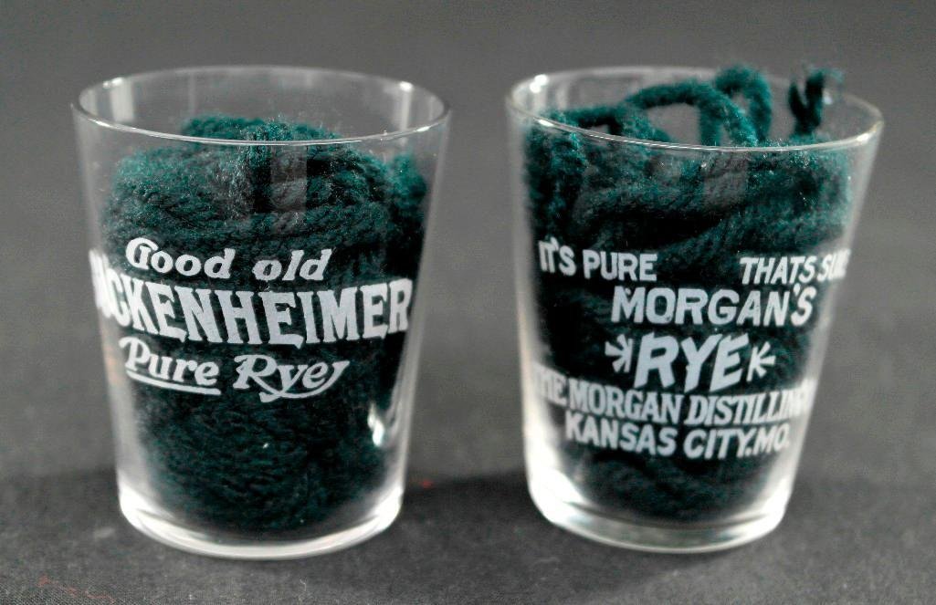 Pair of Pre Prohibition Etched Shot Glasses: Offered is a pair of pre prohibition etched shot glasses. The first is Good old GUCKENHEIMER Pure Rye. The other is for and reads Its Pure Thats Sure MORGANS RYE The Morgan Distilling Co. Kansas City,