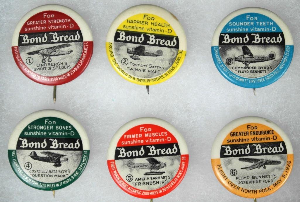 Vintage Set of 6 Aviator Buttons - Bond Bread Co.: Set of 6 buttons issued by the Bond Bread Co. Each button features a famous aviator and their most notable plane: Linberg's"Spirit of St. Louis" Post & Gatty's "Winnie Mae" Commander Byrd's "Floyd Ben