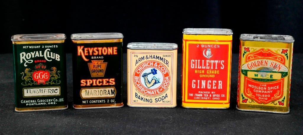 Lot of 5 Vintage Tin Litho Spice Tins: This lot of 5 vintage tin litho spice tins includes: Arm & Hammer Baking Soda Gilletts Ground Ginger Golden Sun Mace Keystone Brand Spices Marjoram Royal Club Turmeric The tins have all been cleaned a
