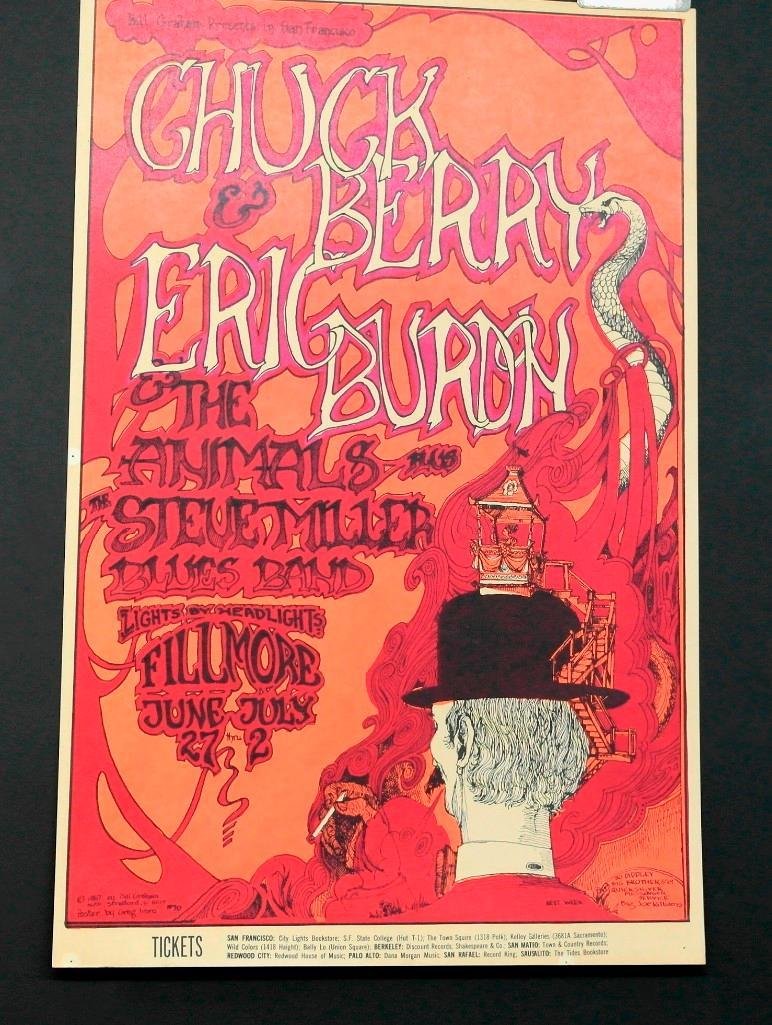 Chuck Berry with Eric Burdon and The Animals - 1967: Chuck Berry was the headliner for this concert at the Fillmore Auditorium in San Francisco on six consecutive nights: June 27, through July 2, 1967. Also performing were Eric Burdon and The Animals wi