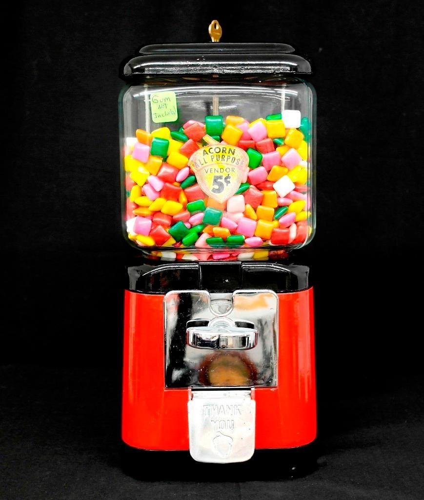 Acorn 5 Cent Gum or Peanut Vending Machine: Offered is a fully restored 5 cent Acorn Vending Machine. The machine was an adjustable product wheel and could vend small candy, nuts or gum. The machine was glass beaded and repainted a few years ag