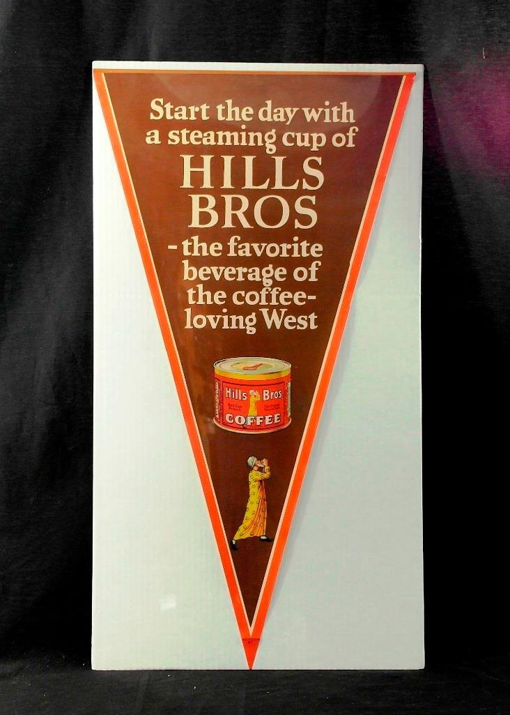 Hills Bros. Coffee Pennant with 1922 Key Wind Can: This lot features an original 1920s paper advertising pennant for Hills Bros. Coffee from San Francisco. The pennant features an image of their iconic mascot "The Taster" in a yellow flowing Middle Ea