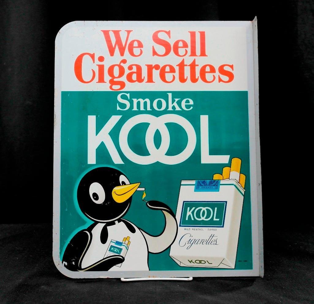 Kool Cigarettes Tin Litho Flange Advertising Sign: Offered is a vintage tin litho advertising sign for Kool Cigarettes. This is a double sided flange sign with the same image on both sides. It features a great image of Willie. He was officially named