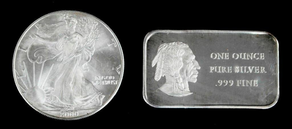 2000 American Eagle and One Ounce Silver Bar: This lot is for 2 ounces of pure .999 fine silver. The first piece is a 2000 American Eagle 1 OZ. Fine Silver One Dollar Coin. This is a United States mint issued one ounce pure silver coin. The secon
