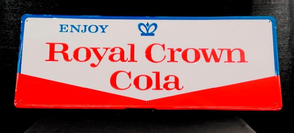Embossed Royal Crown Cola Sign: This lot is for an old embossed Royal Crown Cola Sign aka R C Cola. The sign is as patriotic as they come all done in red, white and blue. Size is 32" x 12" with holes in the corners and center edge t