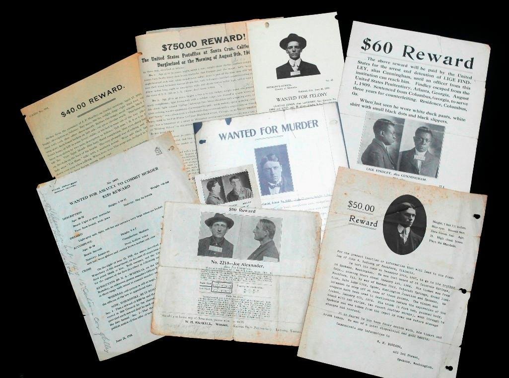 Ten Different Wanted Posters 1904 1910: Offered are ten assorted wanted posters. These are from all over the United States for such things as Murder, Escape, Bank Robbery, Theft, Burglary and even a missing person. Most are from California