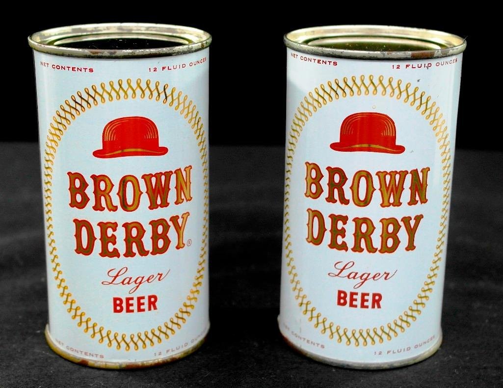 2 Different Brown Derby Flat Top Beer Cans - Spokane,: Offered is a pair of 12 ounce flat top beer can of Brown Derby Lager Beer from Atlantic Brewing Company of Spokane, Washington. The can lists breweries in Chicago, Spokane & Boise on one can and Chica