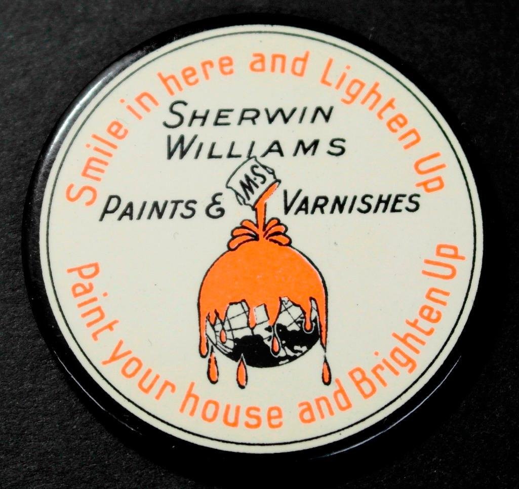 Vintage Celluloid Pocket Mirror - Sherwin Williams: This vintage celluloid pocket mirror advertises Sherwin Williams paints and varnishes. The mirror reads along the edges, "Smile in here and Lighten Up: on the top and "Paint your house and Brighten Up