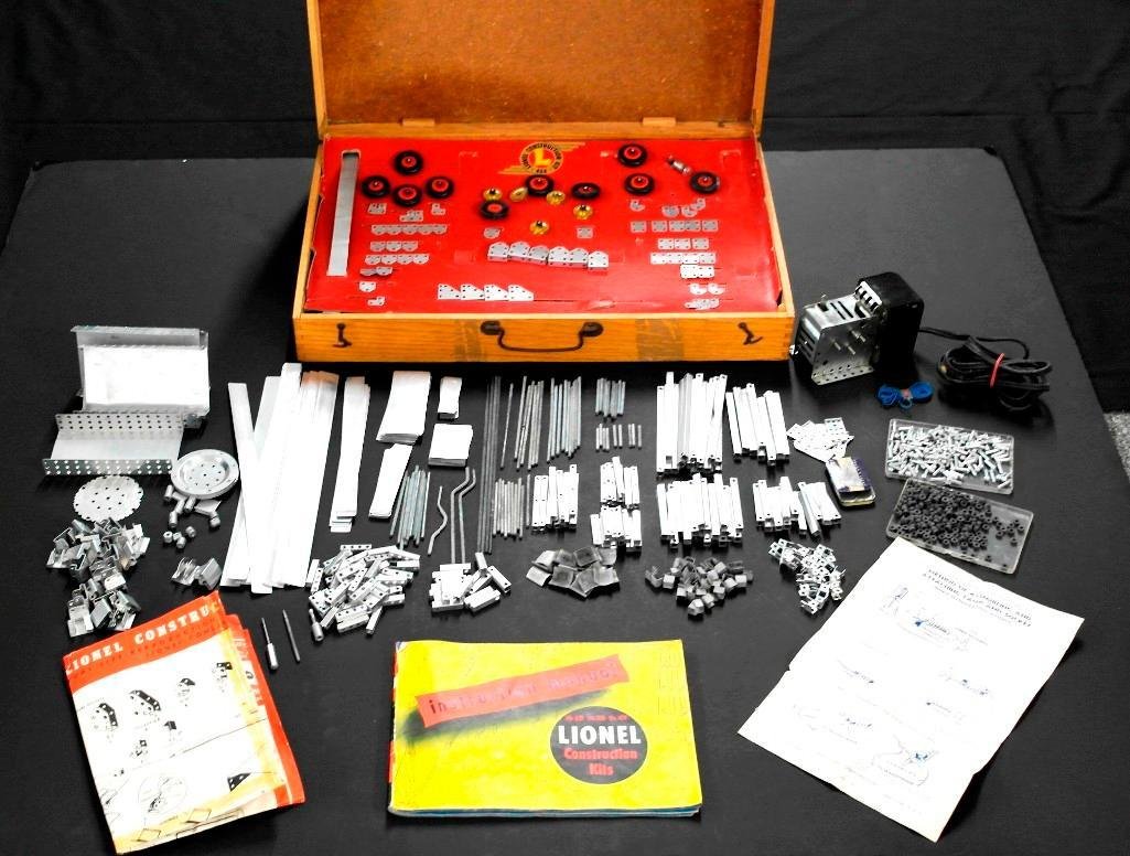Vintage Lionel no. 454 - Construction Kit - Original: This vintage Lionel piece is no. 454 - construction kit. This lot includes the original wooden box and original instruction manual. There are also cigar boxes full of parts and other miscellaneous par
