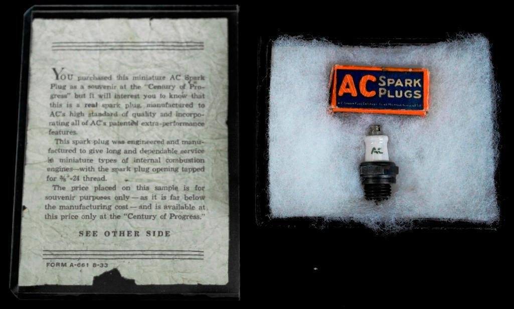 Vintage 1933 Chicago World's Fair Miniature AC Spark: This vintage souvenir originates from the 1933 Chicago World's Fair, known as the Century of Progress. It is a minature AC spark plug complete with the original box and instructions. The box shows som