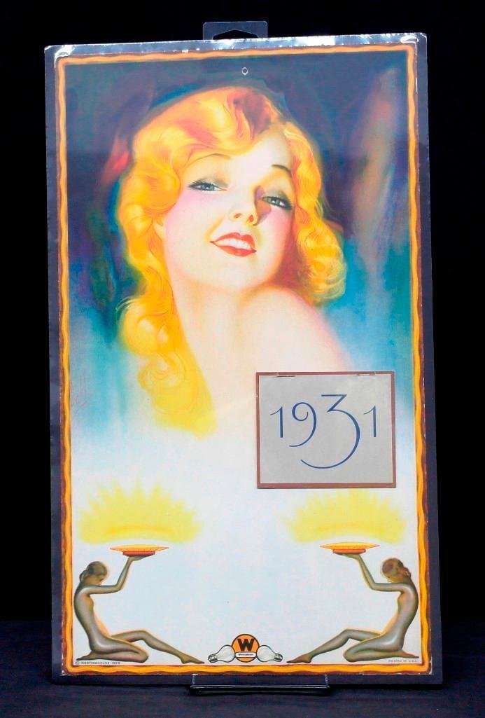 Vintage 1931 Art Deco Calendar - Westinghouse Light: This vintage 1931 art deco calendar is from the Westinghouse Co. and advertises their light bulbs. It is a cardboard calendar that was created by the artist E. Dahl and features an attractive female m