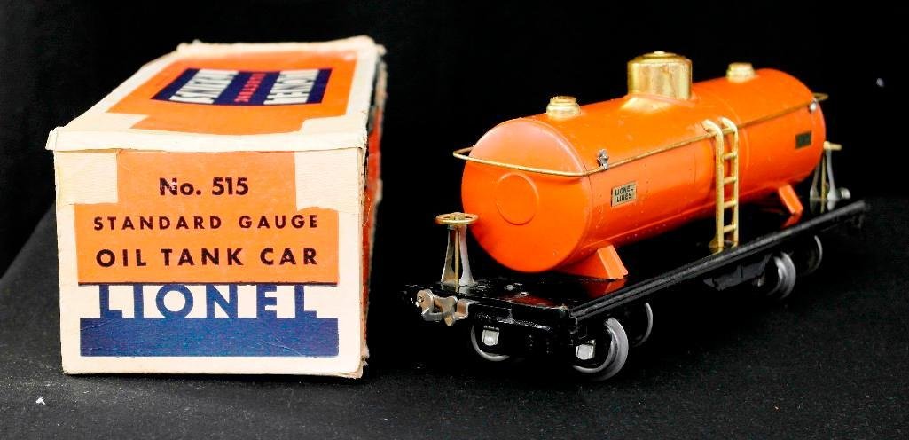 Prewar Lionel no. 515 - Standard Gauge Oil Tanker Car -: This standard gaugeprewar Lionel train is no. 515 - oil tanker car. It comes with the original box and is colored terracotta. The box is in poor/fair condition - it is missing the flaps on one end, ha