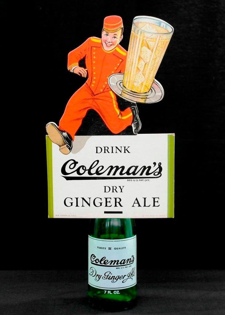 Vintage Coleman's Dry Ginger Ale Die Cut Bottle Topper: This vintage piece of advertising is a die cut bottle topper litho display advertising Coleman's Dry Ginger Ale with an original 7 oz. green glass bottle. When assembled, the display measures 13-1/2" 
