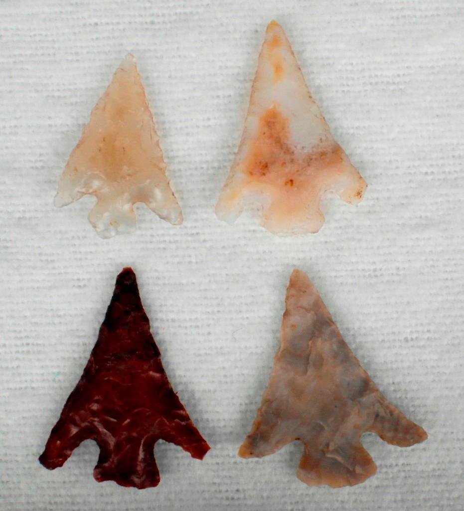 4 Columbia River Arrowheads - Wakemap Mound Site: Offered are four Columbia River arrowheads that were found at the Wakemap Mound site. Wakemap Mound was a mound at the site of Wishram Village in Washington. There were many organized digs there by th
