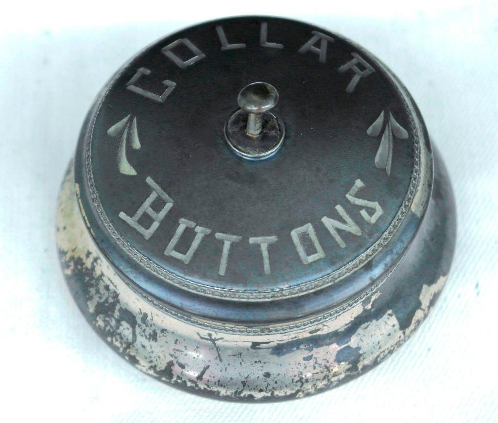 Vintage Collar Button Box with Buttons: This collar button box is just the neatest looking little container we have seen in some time. It comes from an estate in the Midwest and is exactly as received. Marked on the bottom is Apollo Silver 