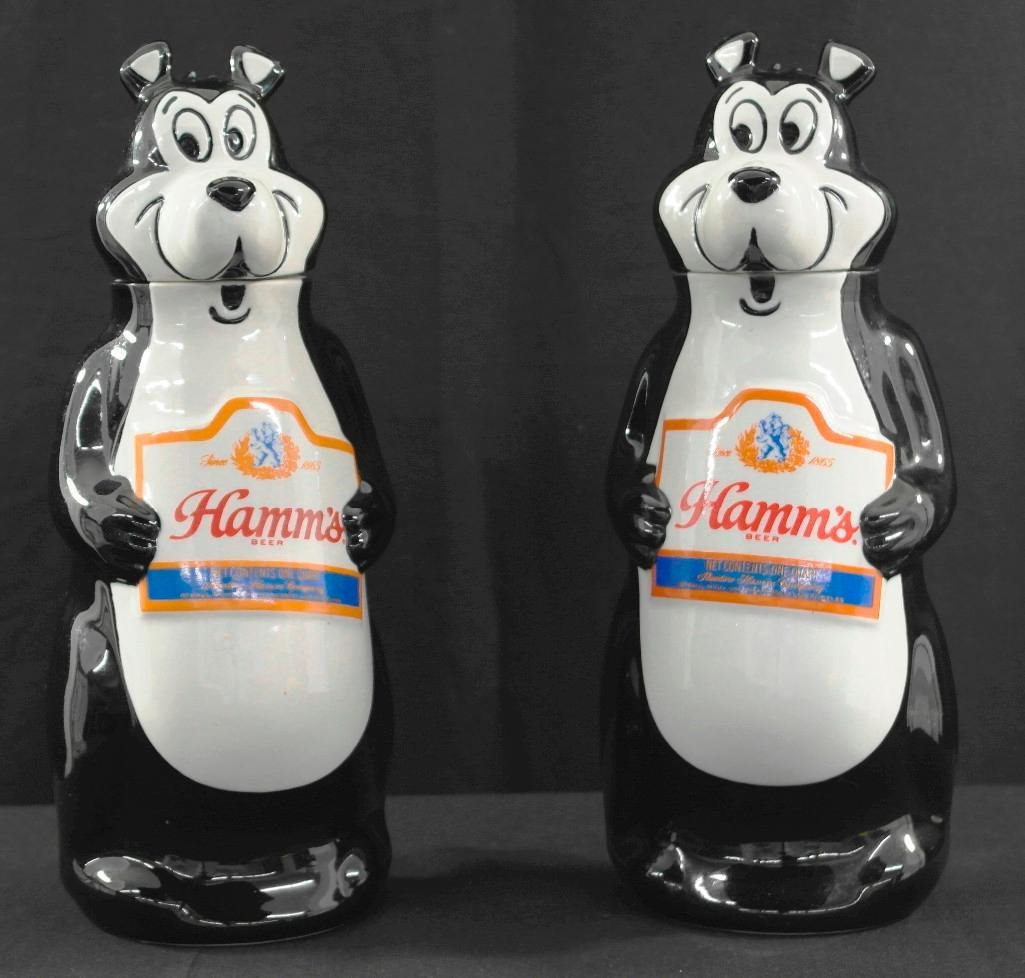 Pair of Hamm's Bear Beer Bottle Decanters by Ceramarte: Offered is a pair of Hamm's Bear beer bottle decanters. These were made in Brazil by Ceramartein 1972 and measure approximately 11 inches tall x 4 inches wide. There are no chips, cracks, or repairs.