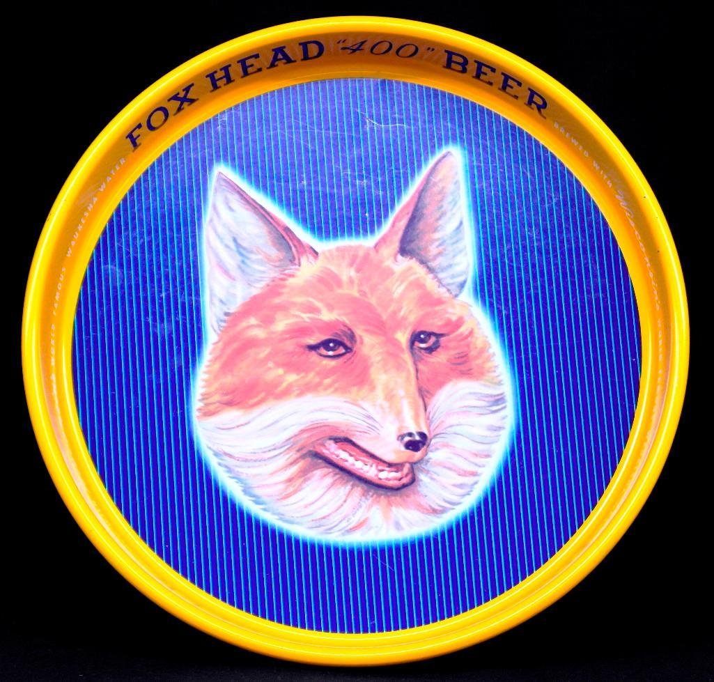 Fox Head "400" Beer Tray from Waukesha, Wisconsin: Featured here is a great looking Fox Head "400" Beer tray from the Waukesha, Wisconsin. This brewery operated from 1933 until 1962 and produced Fox Head "400" beer until 1947. The size is approximatel
