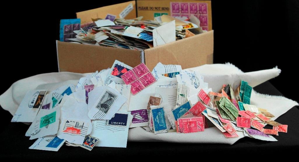 Huge Lot of Vintage United States Stamps: This lot is straight from an estate and features just over five pounds of used stamps. The photo shows a USPS Medium Flat Rate box filled with what has to be a few thousand stamps. Most of these are t