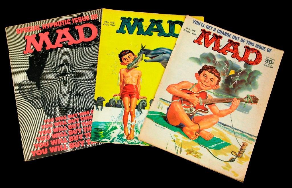 Set of Six Vintage Mad Magazines: This lot consists of six vintage Mad Magazines. One magazine is issue 86 dated April 1964 and has the "economy-minded" fold-over page as the back cover. Also included are issue numbers 81, 91, 97, 98,