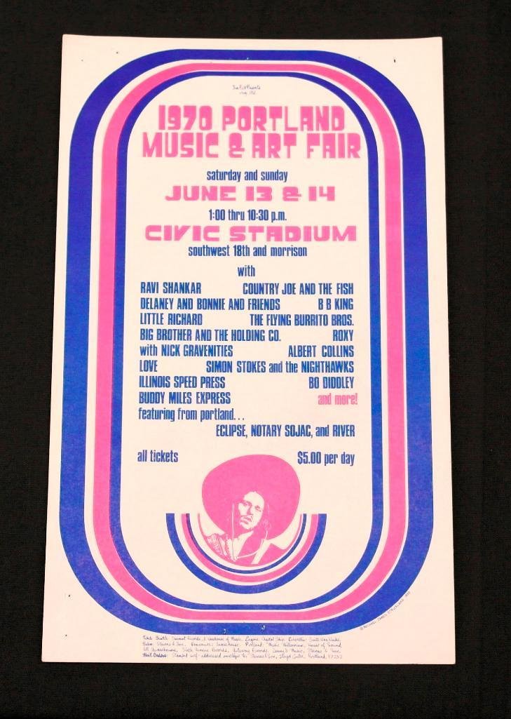 1970 Portland Music & Art Fair Handbill: This handbill was for a concert held at Civic Stadium in Portland, Oregon on Saturday and Sunday June 13-14, 1970. The bands included BB King, Bo Diddley, Little Richard, Big Brother and The Holding C
