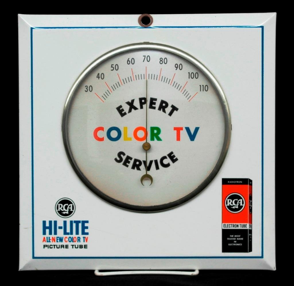 RCA Tin-Over-Cardboard Advertising Thermometer: This lot consists of a tin-over-cardboard thermometer advertising RCA's "Expert Color TV Service" and Hi-Lite, their "All New Color TV Picture Tube." This piece is approximately 9 inches square and th
